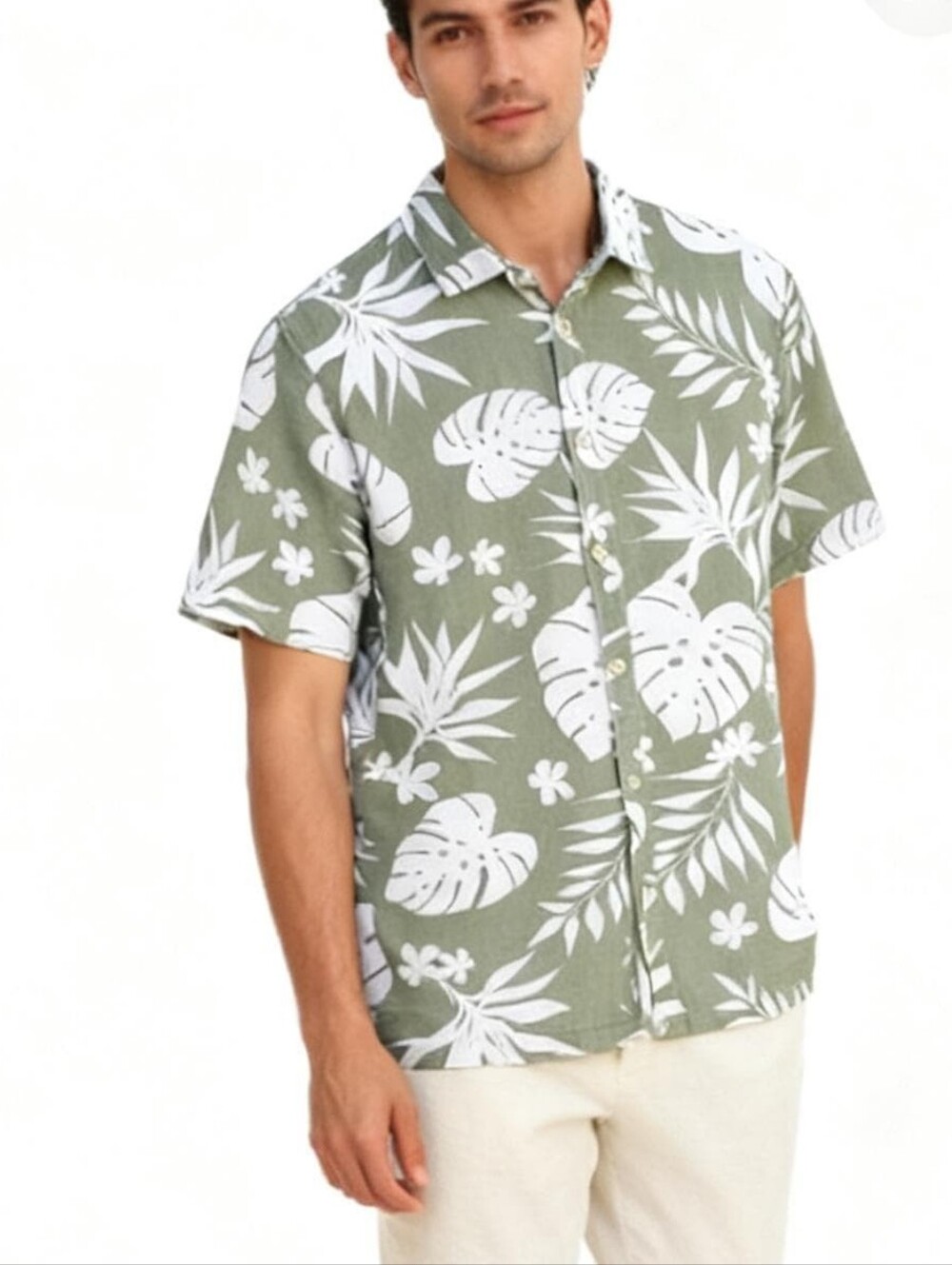 Folk Men's Monstera Print Green/White Kingston Shirt Size M